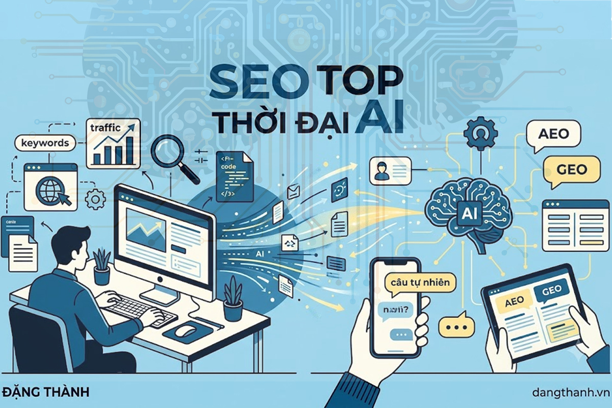 Khám phá dịch vụ SEO top thời đại AI — Giải pháp tối ưu toàn diện từ nền tảng website đến các hệ thống tìm kiếm thông minh (AI, AEO, GEO) giúp doanh nghiệp tiếp cận khách hàng hiệu quả — Ảnh: ĐẶNG THÀNH (dangthanh.vn).