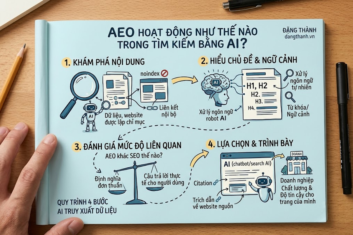 Sơ đồ 4 bước AI khám phá, thấu hiểu, đánh giá độ liên quan và lựa chọn trích dẫn nguồn dữ liệu từ website (AEO) giúp tối ưu hóa khả năng hiển thị trên các công cụ trả lời tự động.