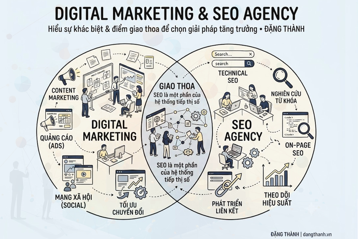 Khám phá sự khác biệt và điểm giao thoa thực tế giữa Digital Marketing Agency (đa kênh) và SEO Agency (chuyên sâu) qua góc nhìn từ ĐẶNG THÀNH (dangthanh.vn). Hiểu đúng vai trò của từng giải pháp sẽ giúp doanh nghiệp lựa chọn đối tác phù hợp để xây dựng lộ trình tăng trưởng bứt phá, bền vững trên môi trường số.
