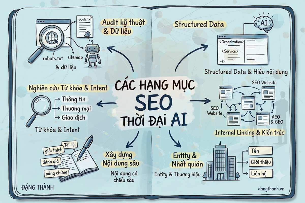 Các hạng mục triển khai cốt lõi của dịch vụ SEO trong thời đại AI: Từ nền tảng kỹ thuật, từ khóa, đến nội dung sâu và kết nối thông minh (Entity, Internal linking, Structured Data) giúp website tối ưu hiển thị và chuyển đổi — Ảnh: ĐẶNG THÀNH (dangthanh.vn).