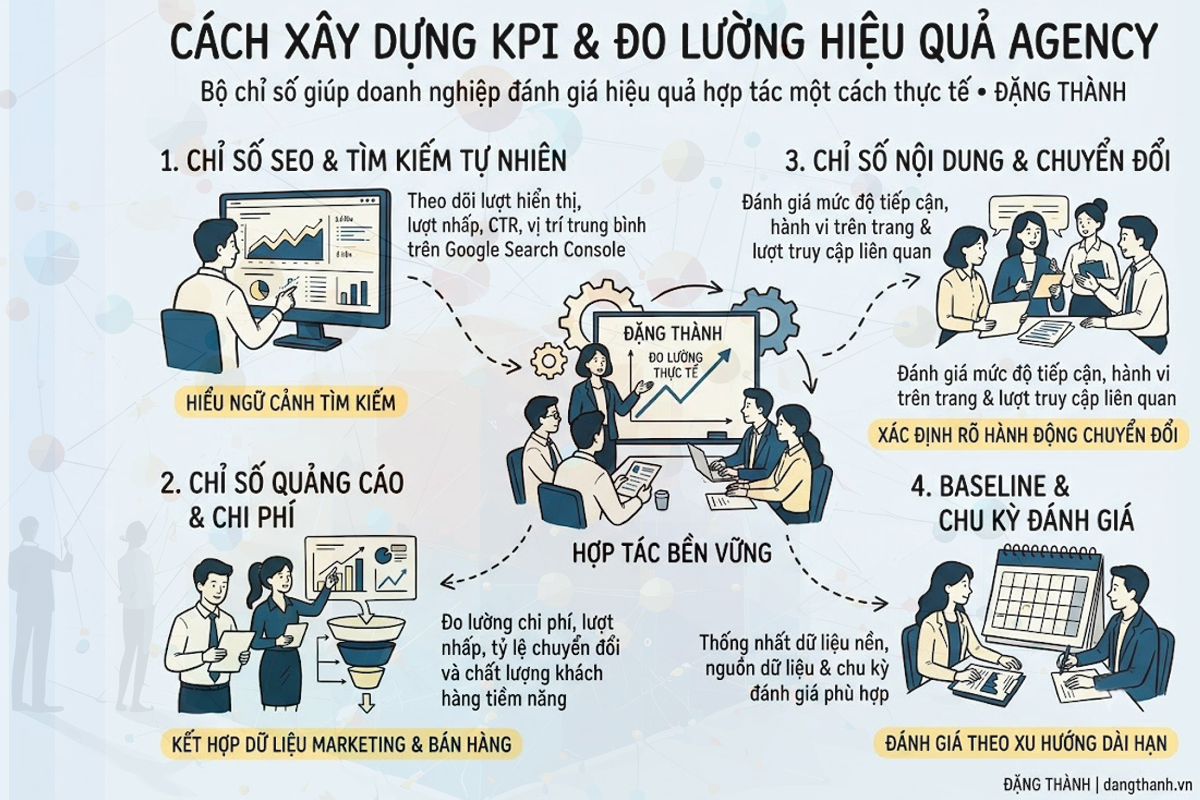Khám phá bộ KPI và quy trình đo lường hiệu quả Agency thực tế từ ĐẶNG THÀNH, giúp doanh nghiệp đánh giá chính xác hiệu suất và tối ưu hóa tăng trưởng dài hạn.