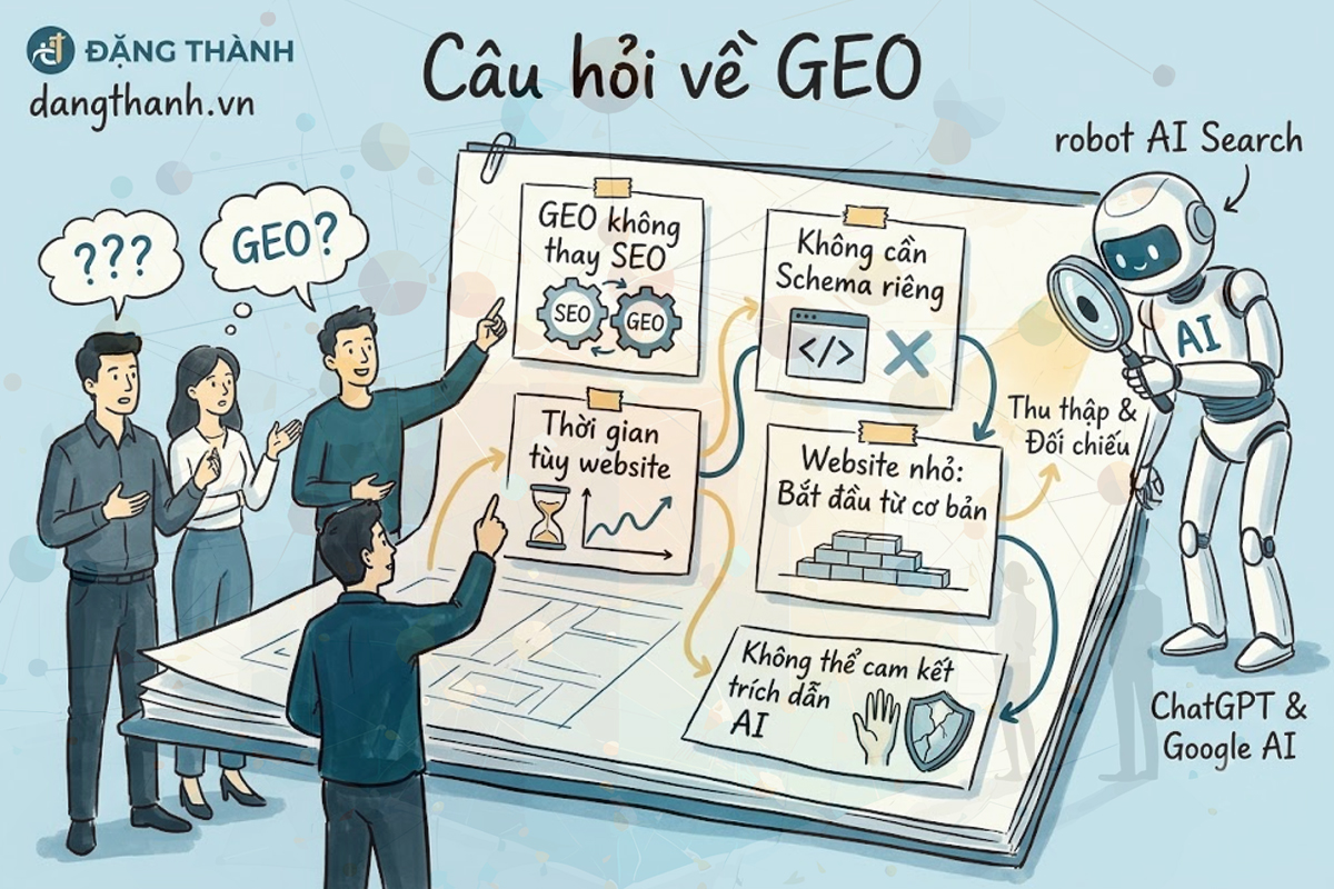 Giải đáp những thắc mắc và ngộ nhận phổ biến về GEO, giúp doanh nghiệp định hình đúng đắn lộ trình tối ưu website bền vững dựa trên mục tiêu thực tế và nguồn lực phù hợp.