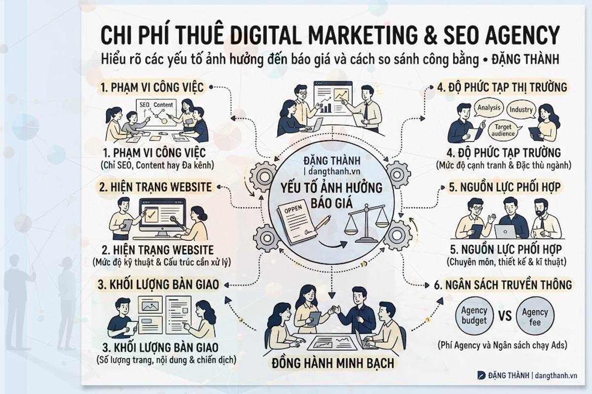 Khám phá 6 yếu tố quyết định chi phí Digital Marketing và SEO Agency giúp doanh nghiệp tối ưu ngân sách, lựa chọn đối tác phù hợp và tăng trưởng bền vững