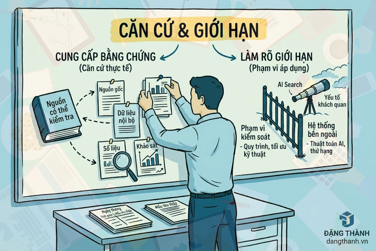 Hình ảnh minh họa việc xây dựng uy tín cho dịch vụ SEO và GEO bằng cách cung cấp bằng chứng, số liệu rõ ràng đi kèm với việc xác định đúng giới hạn và ranh giới tầm ảnh hưởng đối với thuật toán AI.