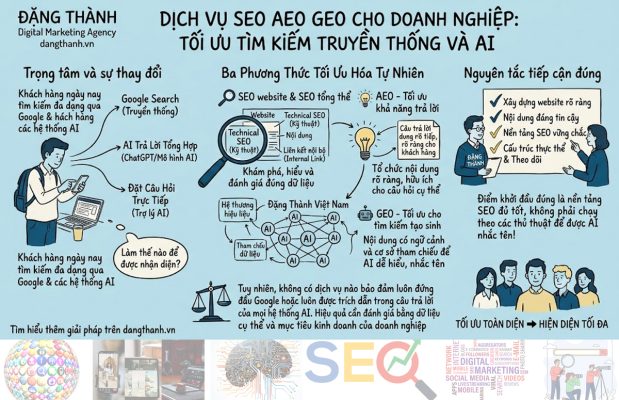 Minh họa chiến lược SEO AEO GEO giúp website tăng khả năng hiện diện trong tìm kiếm truyền thống và AI Search