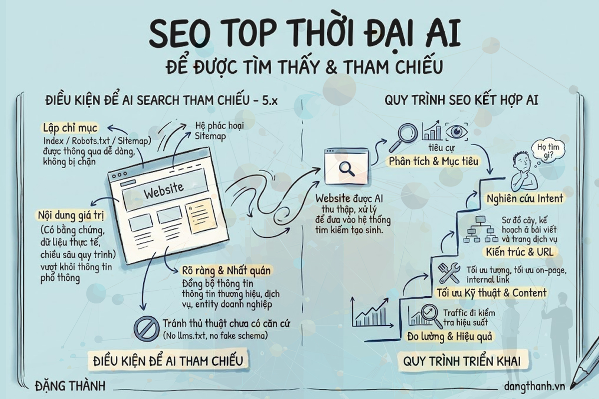 Điều kiện để website được AI Search tham chiếu và quy trình 5 bước triển khai dịch vụ SEO kết hợp AI Search: Giải pháp xây dựng nền tảng vững chắc và tối ưu hóa toàn diện cho doanh nghiệp — Ảnh: ĐẶNG THÀNH (dangthanh.vn).