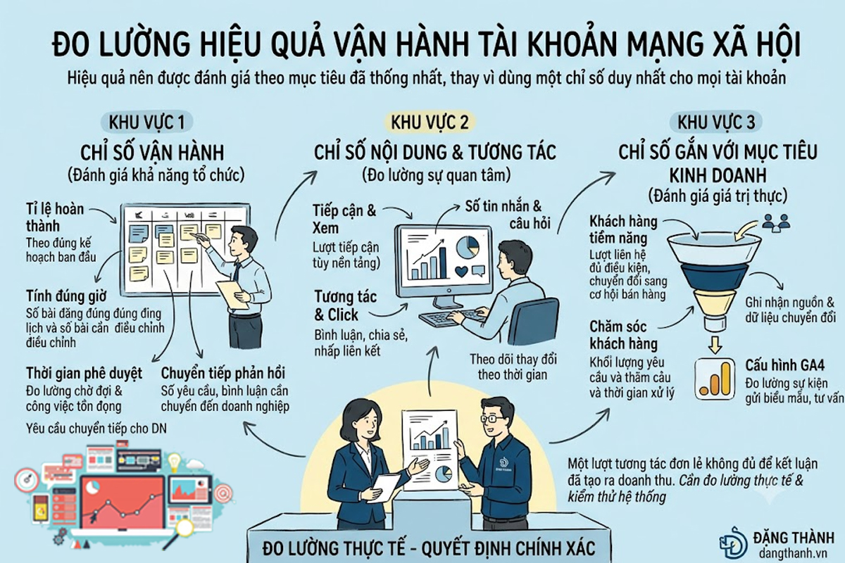 Sơ đồ 3 nhóm chỉ số đo lường hiệu quả mạng xã hội của Đặng Thành bao gồm: Chỉ số vận hành, Chỉ số nội dung & tương tác, Chỉ số gắn với mục tiêu kinh doanh. Bản vẽ tay phong cách business sketchbook trên nền xanh nhạt.