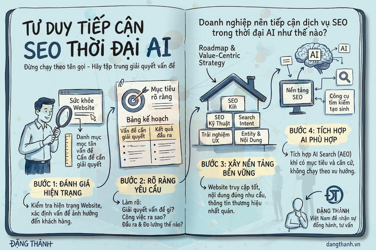 Lộ trình 4 bước giúp doanh nghiệp tiếp cận SEO hiệu quả trong thời đại AI: Từ đánh giá hiện trạng thực tế, xác định rõ yêu cầu, xây dựng nền tảng website bền vững cho đến việc tích hợp AI Search phù hợp — Ảnh: ĐẶNG THÀNH (dangthanh.vn).