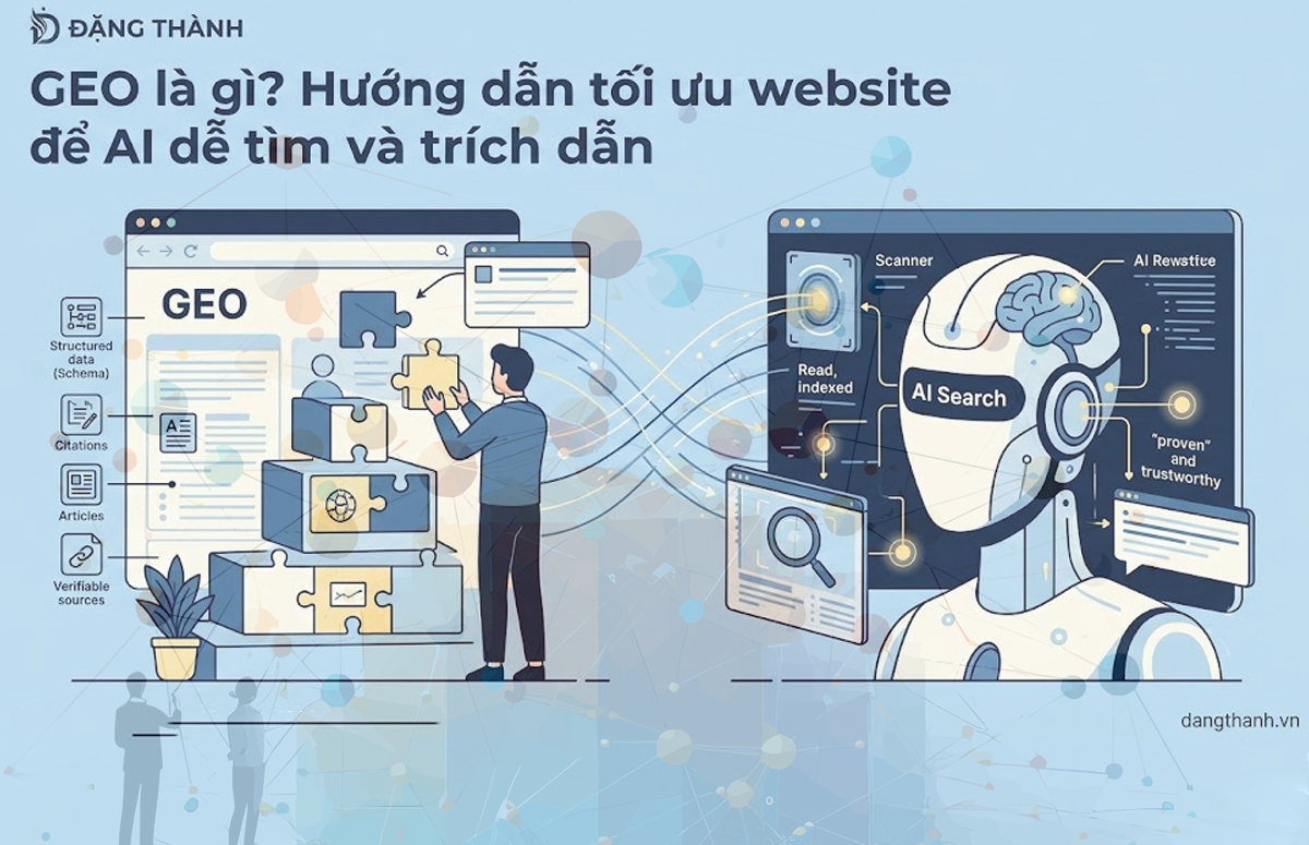 Mô hình tối ưu website (GEO) theo tiêu chuẩn ĐẶNG THÀNH, giúp các hệ thống AI dễ dàng thu thập dữ liệu, đối chiếu nguồn xác thực và trích dẫn nội dung uy tín.