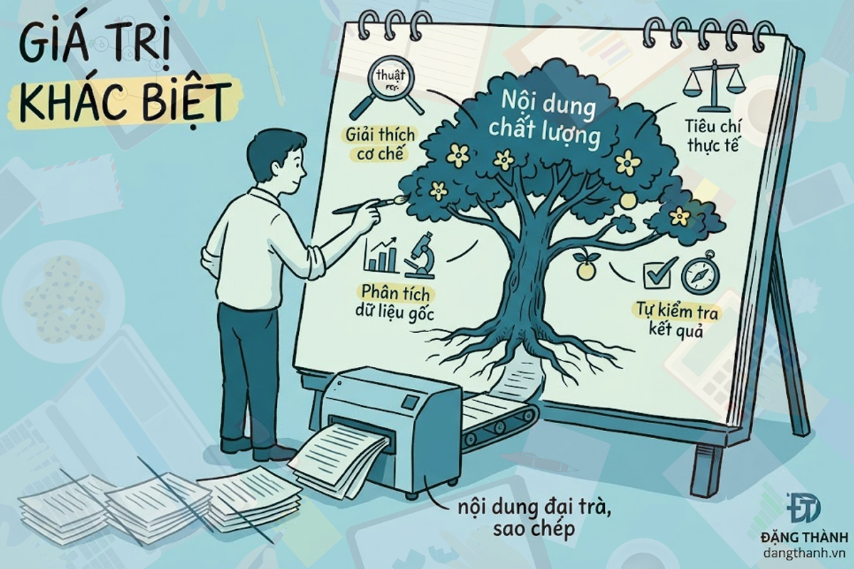 Minh họa phương pháp tạo "Giá trị khác biệt" cho nội dung thông qua việc giải thích cơ chế, phân tích dữ liệu gốc và tự kiểm tra kết quả, thay vì sản xuất đại trà theo gợi ý từ Google.