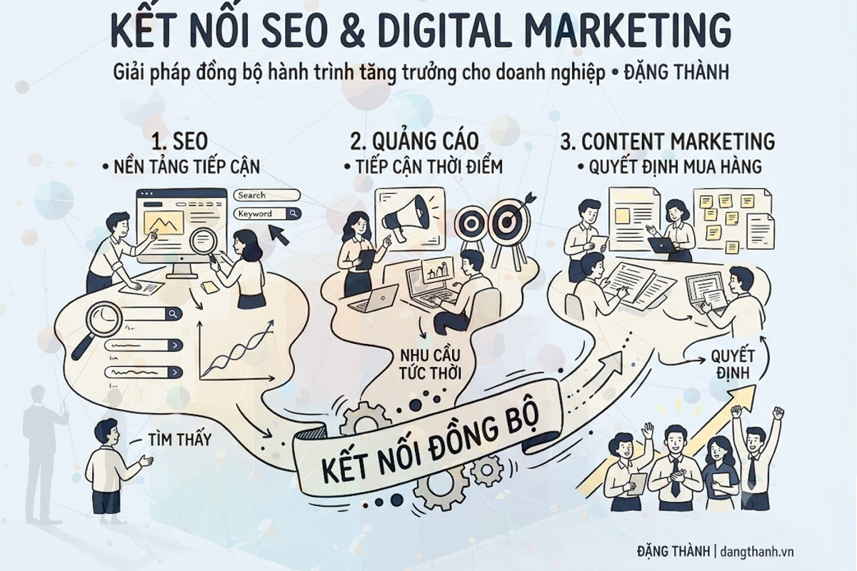 Khách hàng không mua hàng ngay lập tức. Họ tìm kiếm, cân nhắc, so sánh rồi mới đưa ra quyết định. Nếu các kênh tiếp thị của bạn hoạt động tách rời, doanh nghiệp rất dễ bỏ lỡ họ giữa các khoảng trống thông tin.

Đó là lý do vì sao doanh nghiệp cần kết nối SEO (giúp tìm thấy), Quảng cáo (đáp ứng nhu cầu thời điểm) và Content Marketing (thúc đẩy quyết định mua hàng) thành một hệ thống đồng bộ.

Đồng hành cùng ĐẶNG THÀNH để kết nối các hoạt động Digital Marketing & SEO thành một giải pháp tăng trưởng thực tế, nhất quán và hiệu quả!
📍 Tìm hiểu thêm tại: dangthanh.vn
