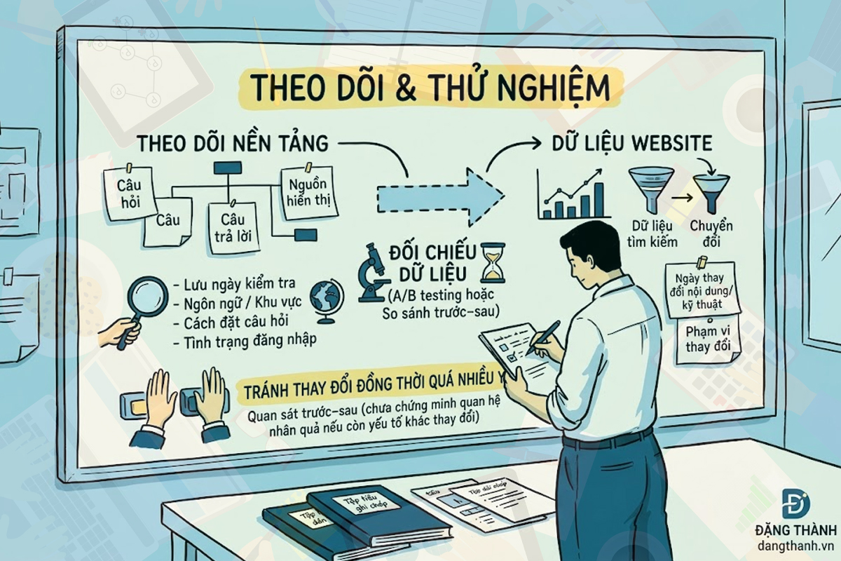 quy trình thiết lập phương pháp theo dõi và thử nghiệm để đối chiếu dữ liệu tìm kiếm, chuyển đổi trên website, đồng thời ghi nhận các biến số thực tế một cách khoa học.