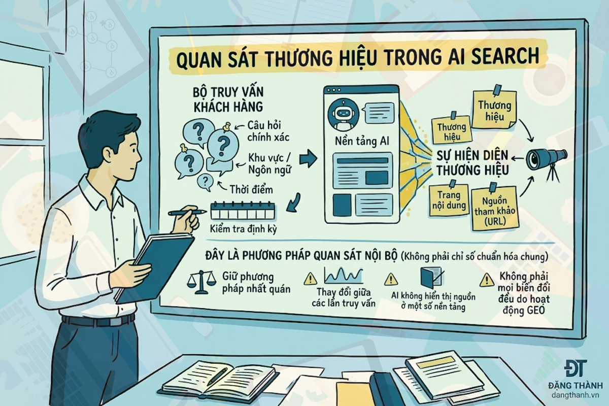 Phác thảo phương pháp quan sát nội bộ để kiểm tra, đánh giá định kỳ sự hiện diện của thương hiệu, trang nội dung và nguồn tham khảo (URL) trong các câu trả lời từ hệ thống AI Search.