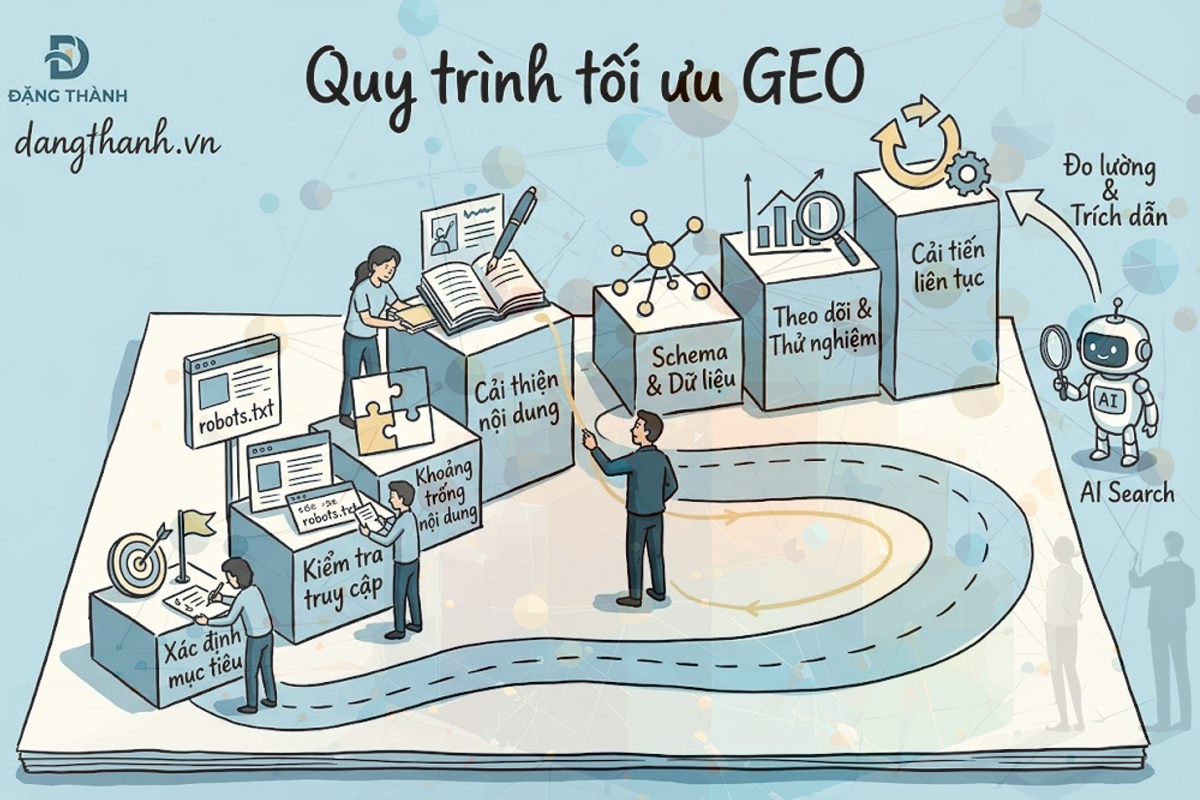 Triển khai GEO theo lộ trình 7 bước khoa học từ củng cố kỹ thuật, cải thiện nội dung giá trị cho đến đo lường và cải tiến liên tục để tối ưu hiệu quả trên website.