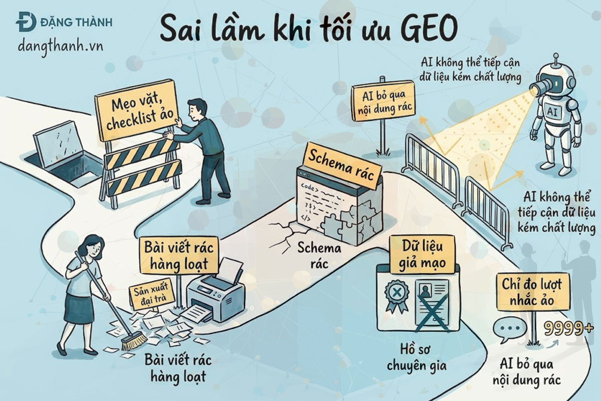 Cảnh giác và chủ động né tránh những sai lầm GEO phổ biến như lạm dụng Schema rác, sản xuất nội dung hàng loạt thiếu giá trị hay giả mạo bằng chứng để bảo vệ uy tín lâu dài của website.
