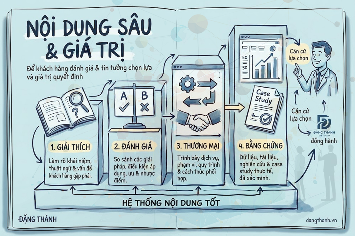 4 cột mốc quan trọng trong việc xây dựng hệ thống nội dung sâu và giá trị giúp doanh nghiệp chứng minh năng lực và nâng cao khả năng đánh giá dịch vụ của khách hàng — Ảnh: ĐẶNG THÀNH (dangthanh.vn).