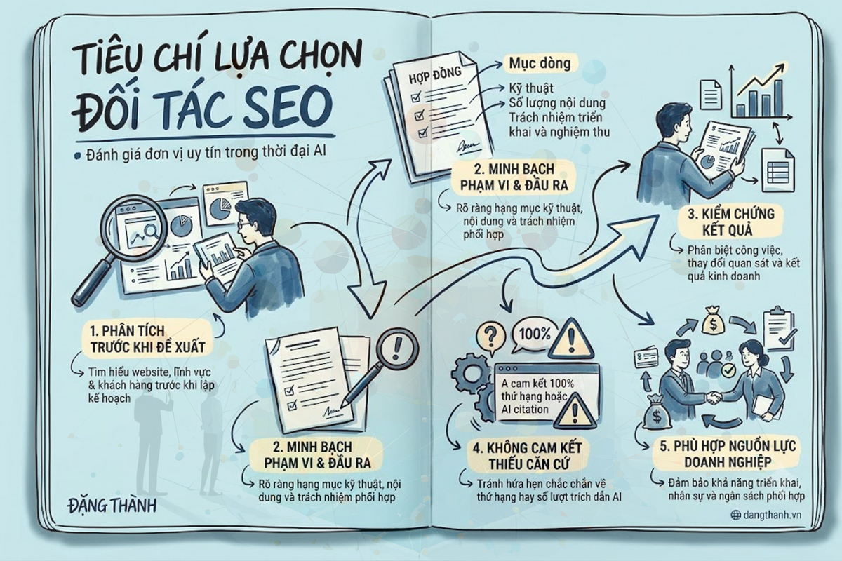 Tiêu chí lựa chọn đối tác SEO uy tín trong thời đại AI: Hướng tới sự minh bạch, phương pháp kiểm chứng rõ ràng và sự phù hợp tối đa với nguồn lực của doanh nghiệp — Ảnh: ĐẶNG THÀNH (dangthanh.vn).